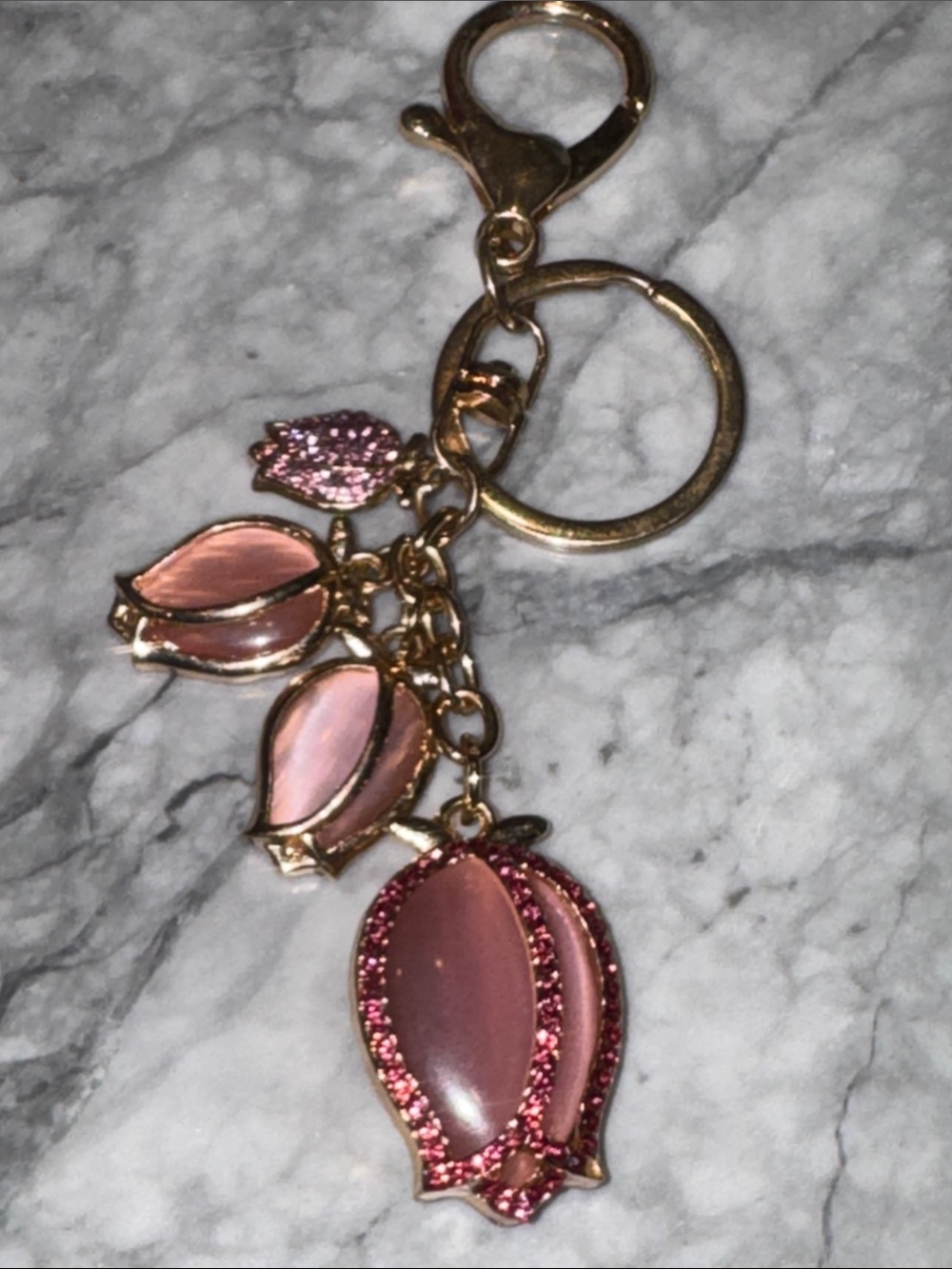 Gold-Tone Pink Floral Charm Keyring